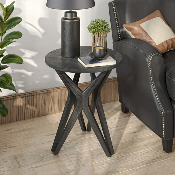 COZAYH Pedestal Farmhouse End Table, Distressed Dark Top with Tripod Base for Modern Farmhouse, Boho Decor, Round