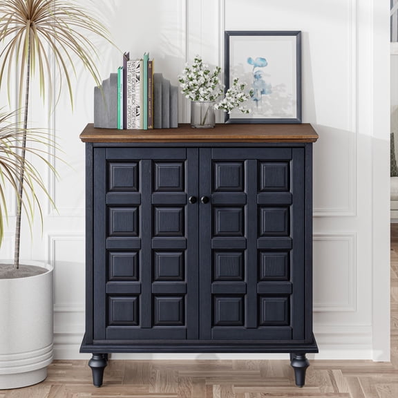 COZAYH Retro 2 Door Storage Cabinet with Plaid Pattern Front, Vintage Side Table for Bedroom, Living Room, Handles, Two-Shelves, Pine Wood, Dark Blue, Natural Wood