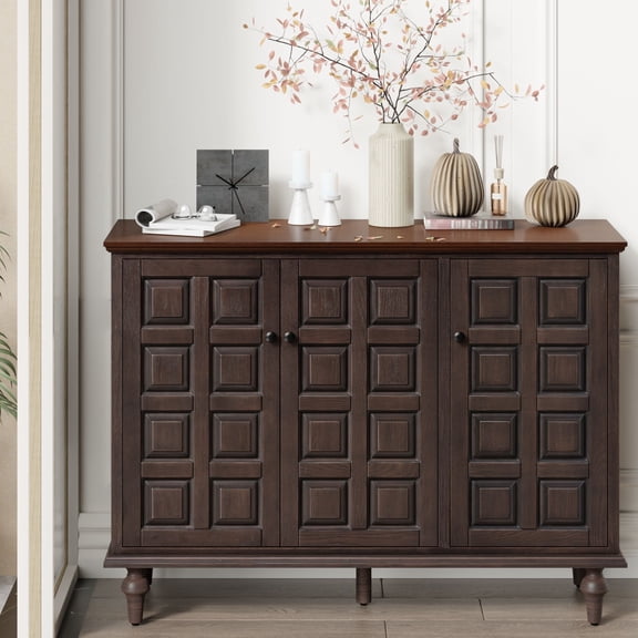 COZAYH Retro 3 Door Storage Cabinet With Plaid Pattern Front, Rustic Side Table For Bedroom, Living Room, Handles, Four Shelves, Pine Wood, Natural Wood, Brown