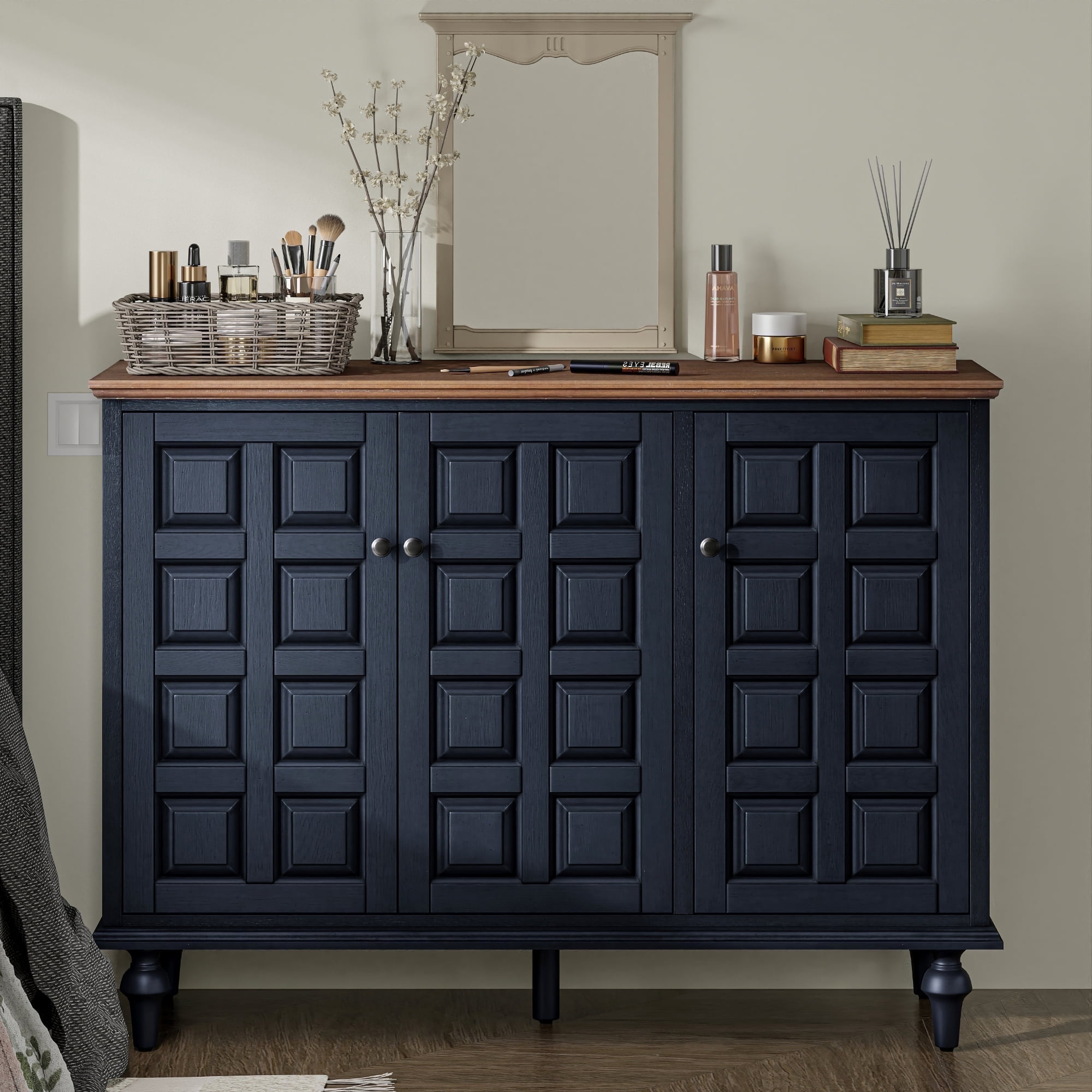 COZAYH Retro 3 Door Storage Cabinet with Plaid Pattern Front