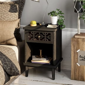 COZAYH Retro Rustic Nightstand Solid Fir End Table Side Table with Hand Carved Front and Open Shelf for Boho, French Country, Farmhouse Style, Distressed Black