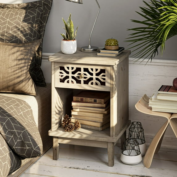 COZAYH Retro Rustic Nightstand Solid Fir End Table Side Table with Hand Carved Front and Open Shelf for Boho, French Country, Farmhouse Style, Distressed Gray