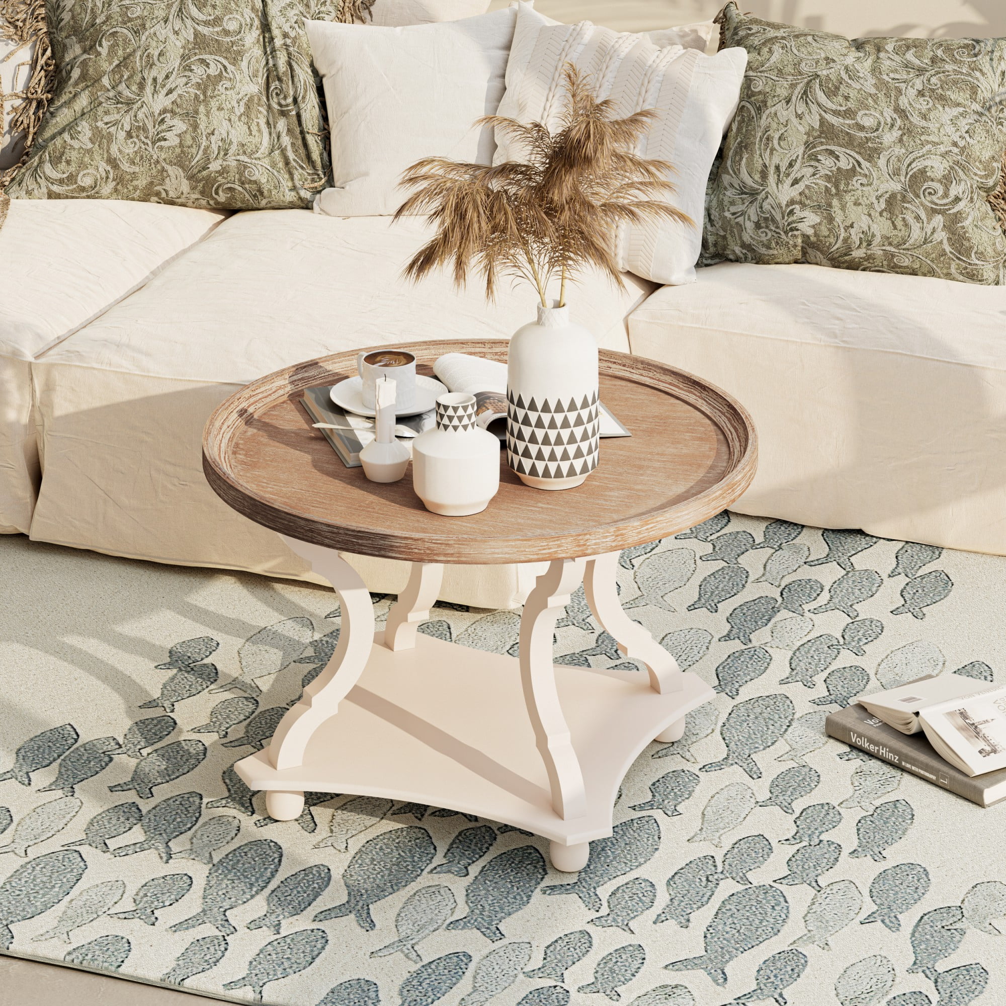 COZAYH Round Farmhouse Coffee Table with Handmade Finishes, Wood Tray