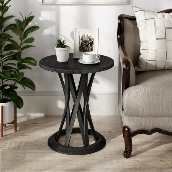 COZAYH Round Farmhouse End Table with Crisscross Pedestal Base, Distressed Finish Side Table Rustic Accent Table for Living Room, Pine Wood, Black