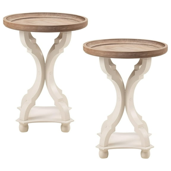 COZAYH Round Rustic Wooden Accent Tray Top Nightstand Side Table, White Legs, Set of 2