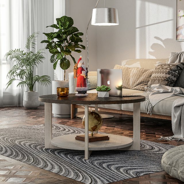 COZAYH Round Wood Coffee Tables with Storage, Rustic Farmhouse Coffee Table with Distressed Wood Top, Large Circle Table for Living Room, 32Dx32Wx19.5H in