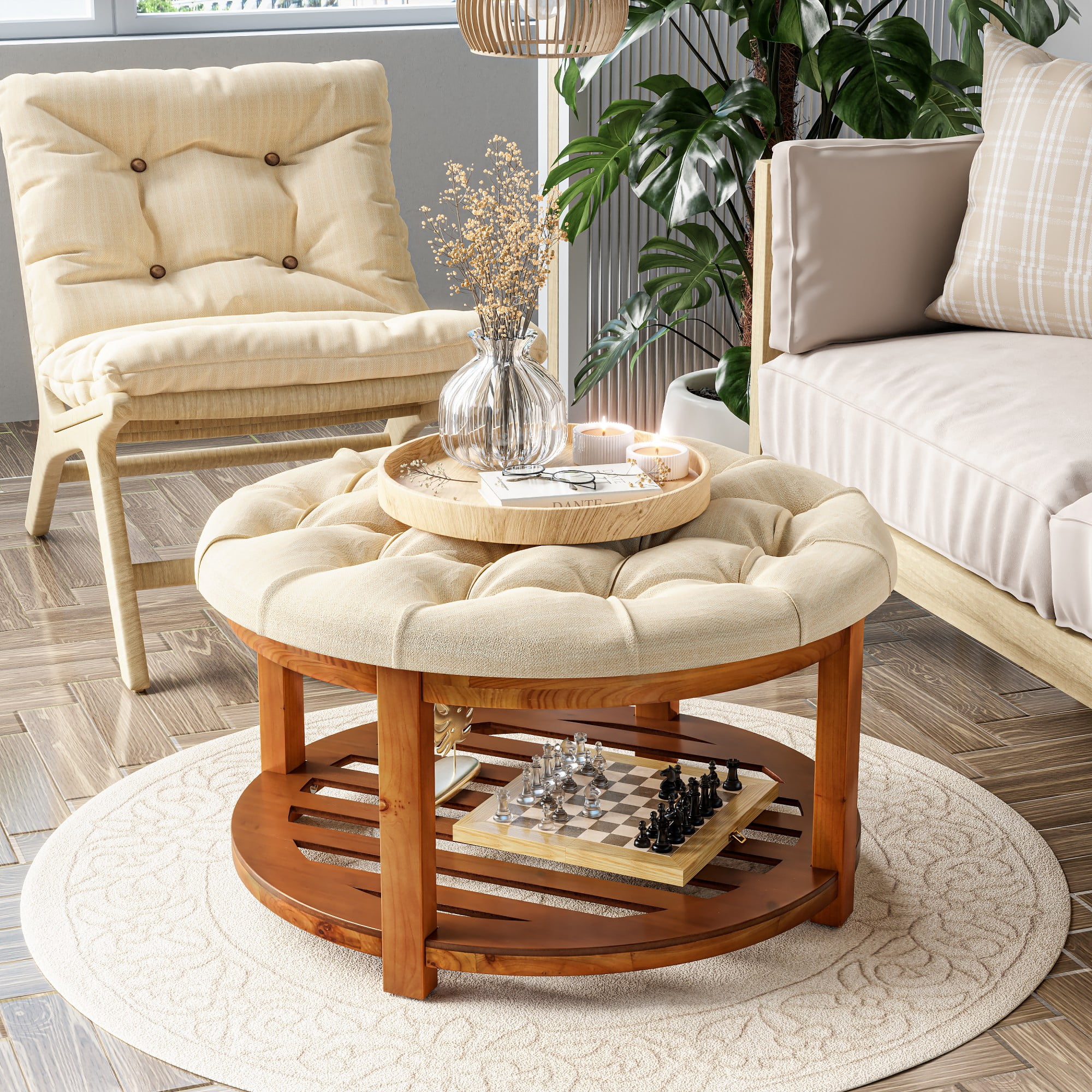 COZAYH Round Wood Coffee Tables with Storage, Rustic Farmhouse Coffee ...