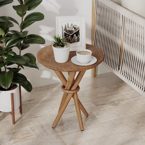 COZAYH Round Wood End Table Farmhouse Wooden Side Table Rustic Plant Stand with Bundled Legs for Living Room, Office, Walnut