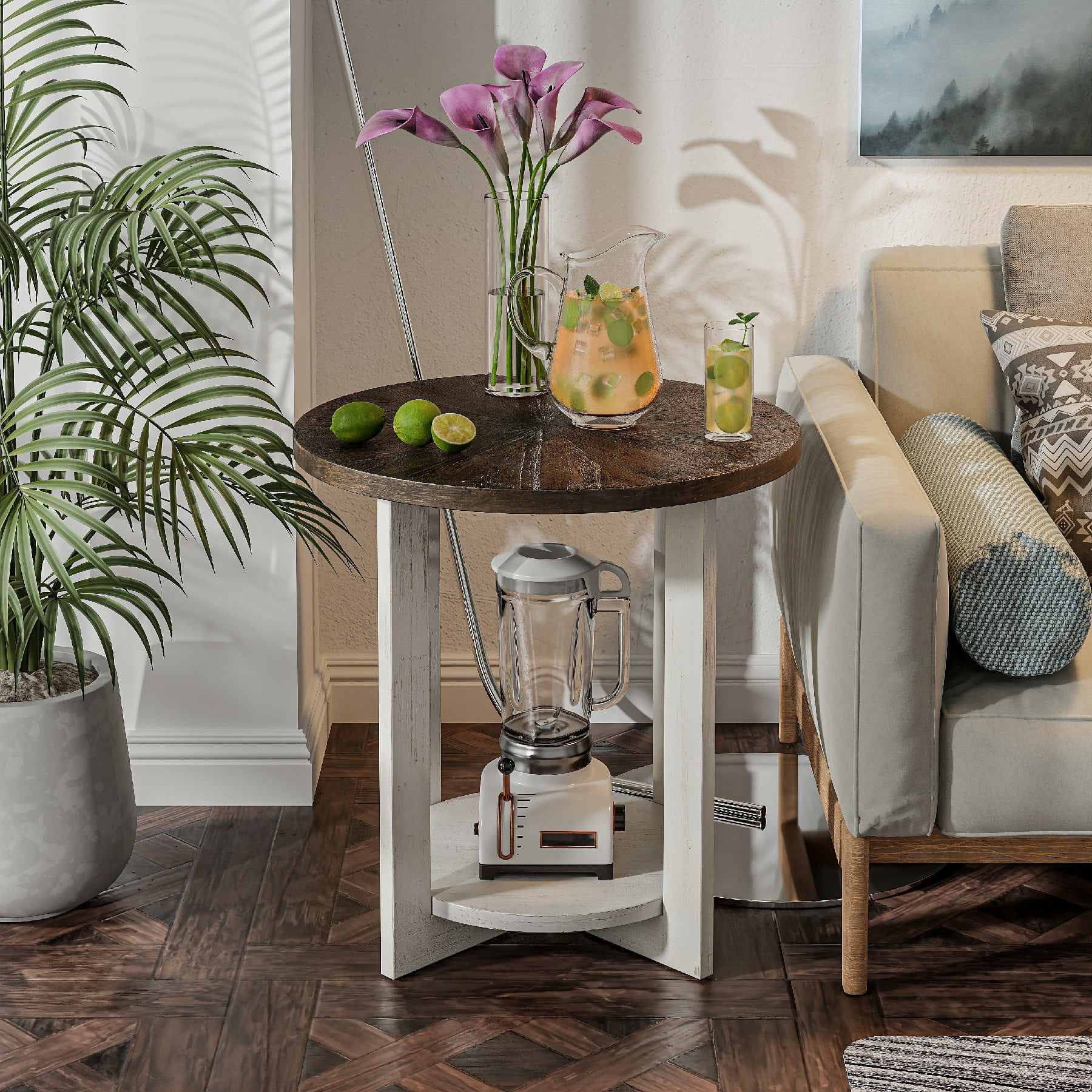 COZAYH Round Wood End Tables with Storage Rustic Farmhouse Accent Table with Distressed Wood Top Circle Table for Living Room 24Dx24Wx24H in