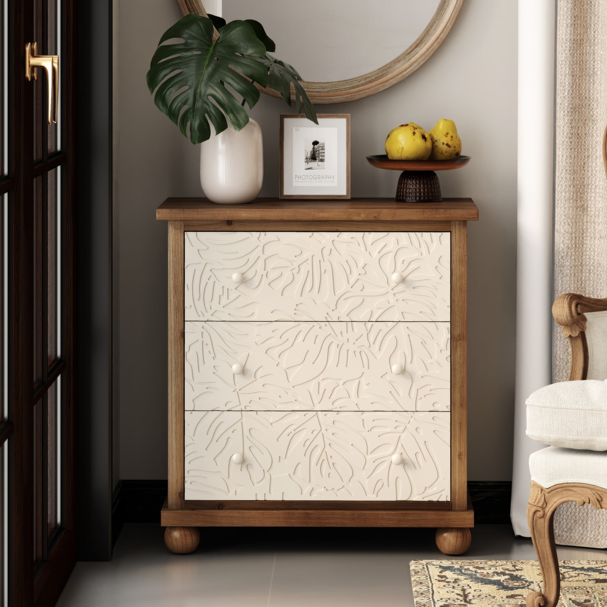 Rustic Farmhouse White and Brown Fir Wood 3-Drawer Dresser