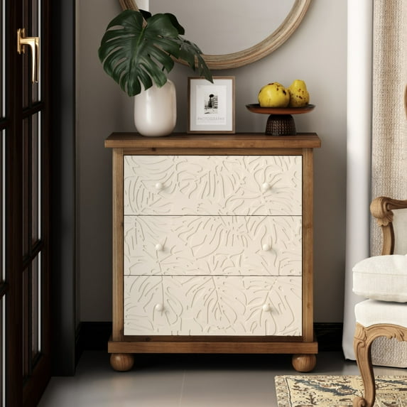 COZAYH Rustic Farmhouse 3-Drawer Dresser Chest Accent Cabinet with Leaves Pattern Carved, Vintage French Country Nightstand for Bedroom, Living Room, Fully-Assembled, Distressed Finish, White & Brwon