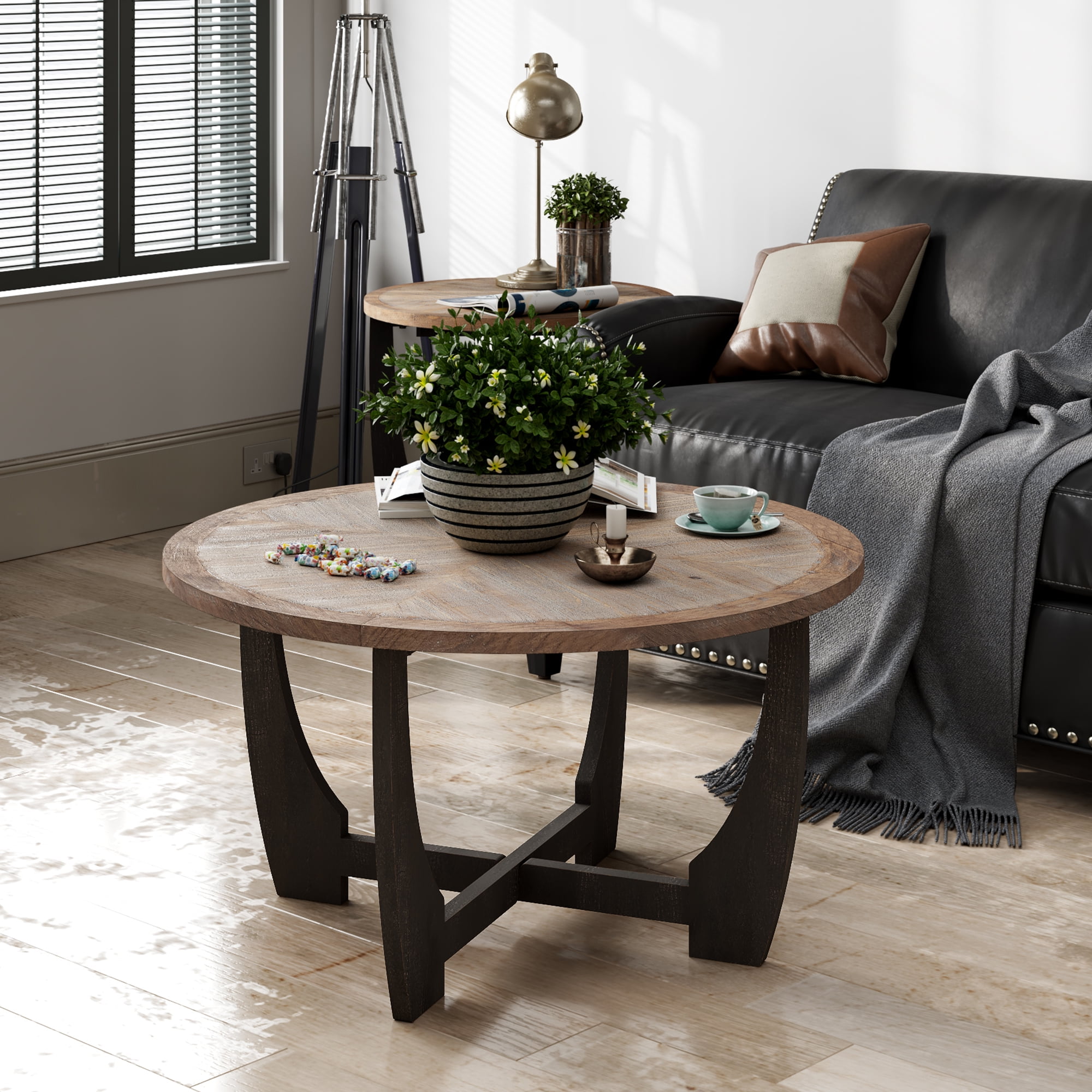 Rustic Brown and Black Round Wood Coffee Table with Crisscross Base