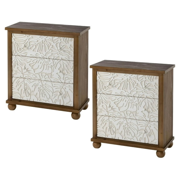 COZAYH Rustic Farmhouse Dresser with Carved Leaves Pattern and 3 Drawers, White, Set of 2