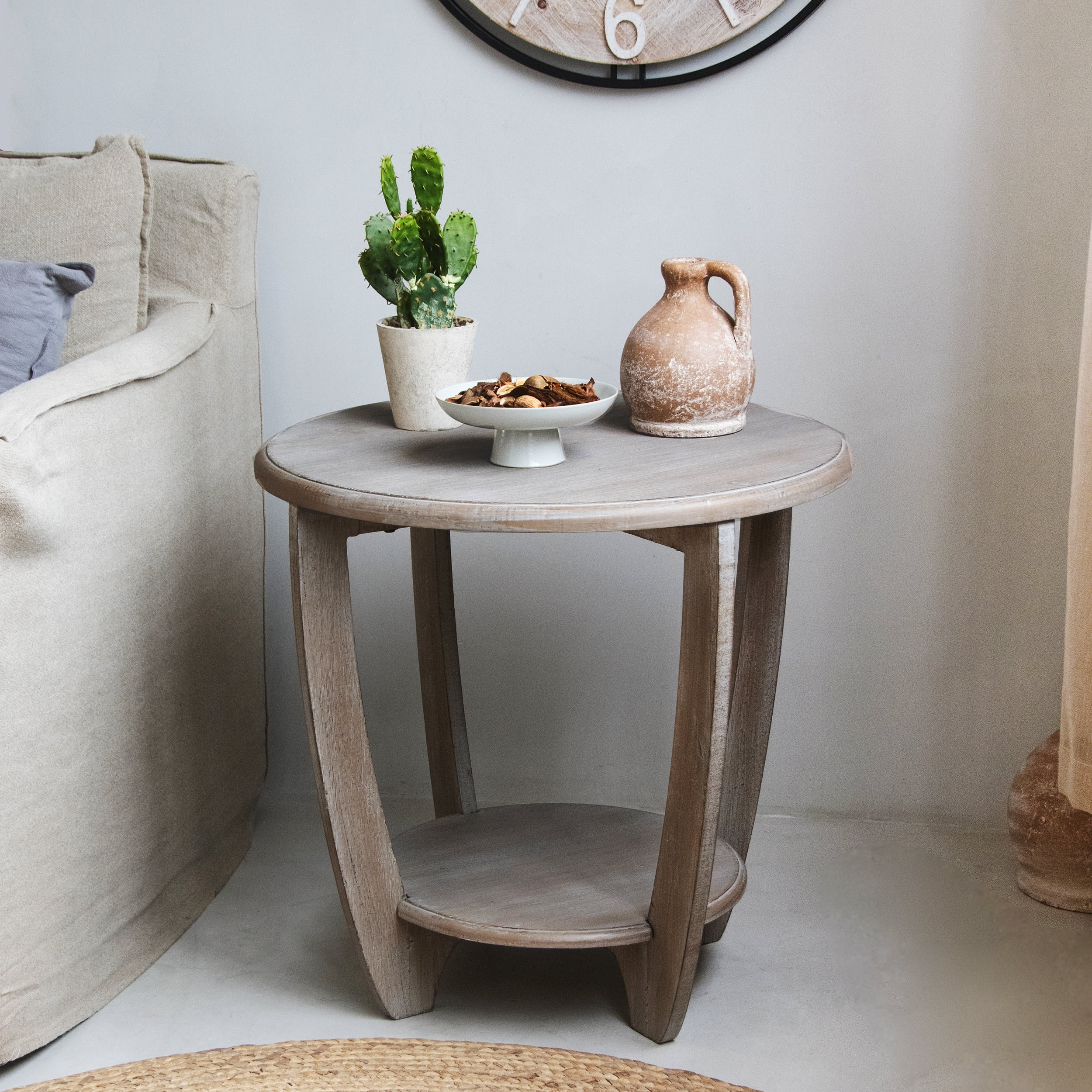 Vintage Grey French Country Round End Table with Storage Shelf