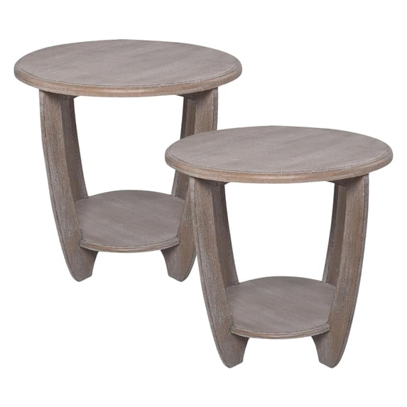 COZAYH Rustic Farmhouse Round End Table with Storage Shelf for Living Room, Grey, Set of 2