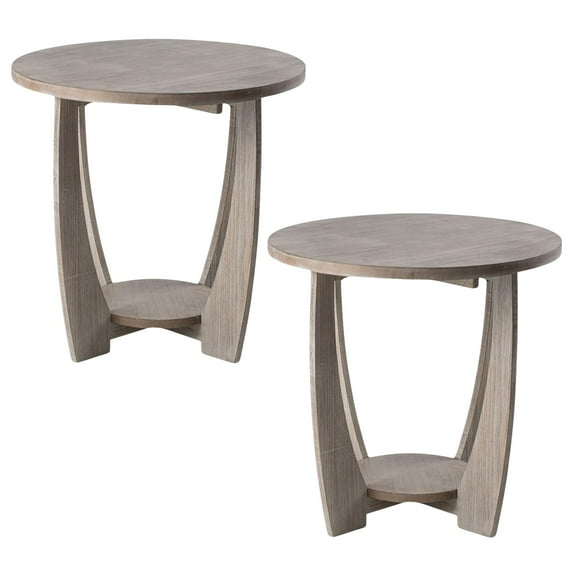 COZAYH Rustic Farmhouse Round End Table with Storage Shelf for Living Room, Grey, Set of 2