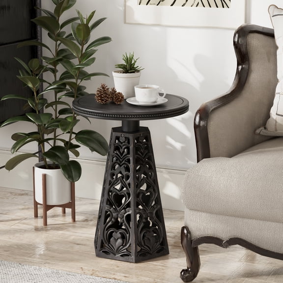 COZAYH Rustic Farmhouse Wooden End Table, Distressed Round Accent Table with Intricate Carved Floral Patterns, Boho, for Living Room, Bedroom, or Entryway, Black