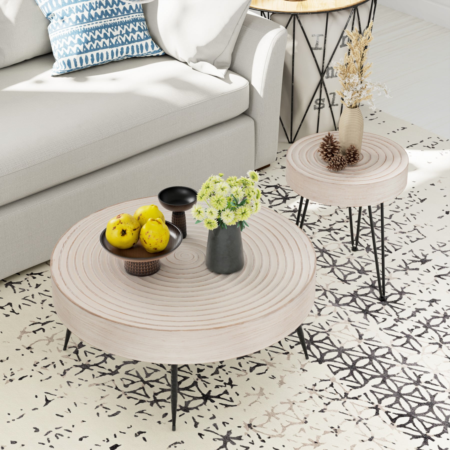 COZAYH Rustic Handmade Ring Pattern MDF and Metal Coffee Table, White