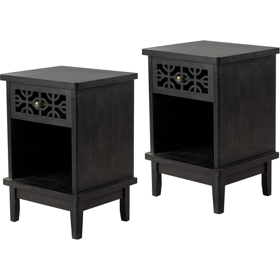 COZAYH Set of 2 Retro Rustic Nightstand Solid Fir End Table Side Table with Hand Carved Front and Open Shelf for Boho, French Country, Farmhouse Style, Distressed Black