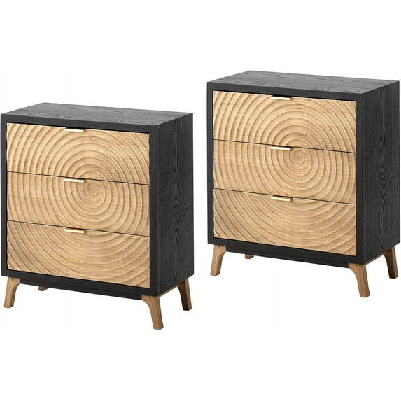 COZAYH Set of 2 3-Drawer Farmhouse Dresser with Handcrafted Wood Ring Motif, Black Nightstand for Bedroom, Fully-Assembled, Rustic and Morden