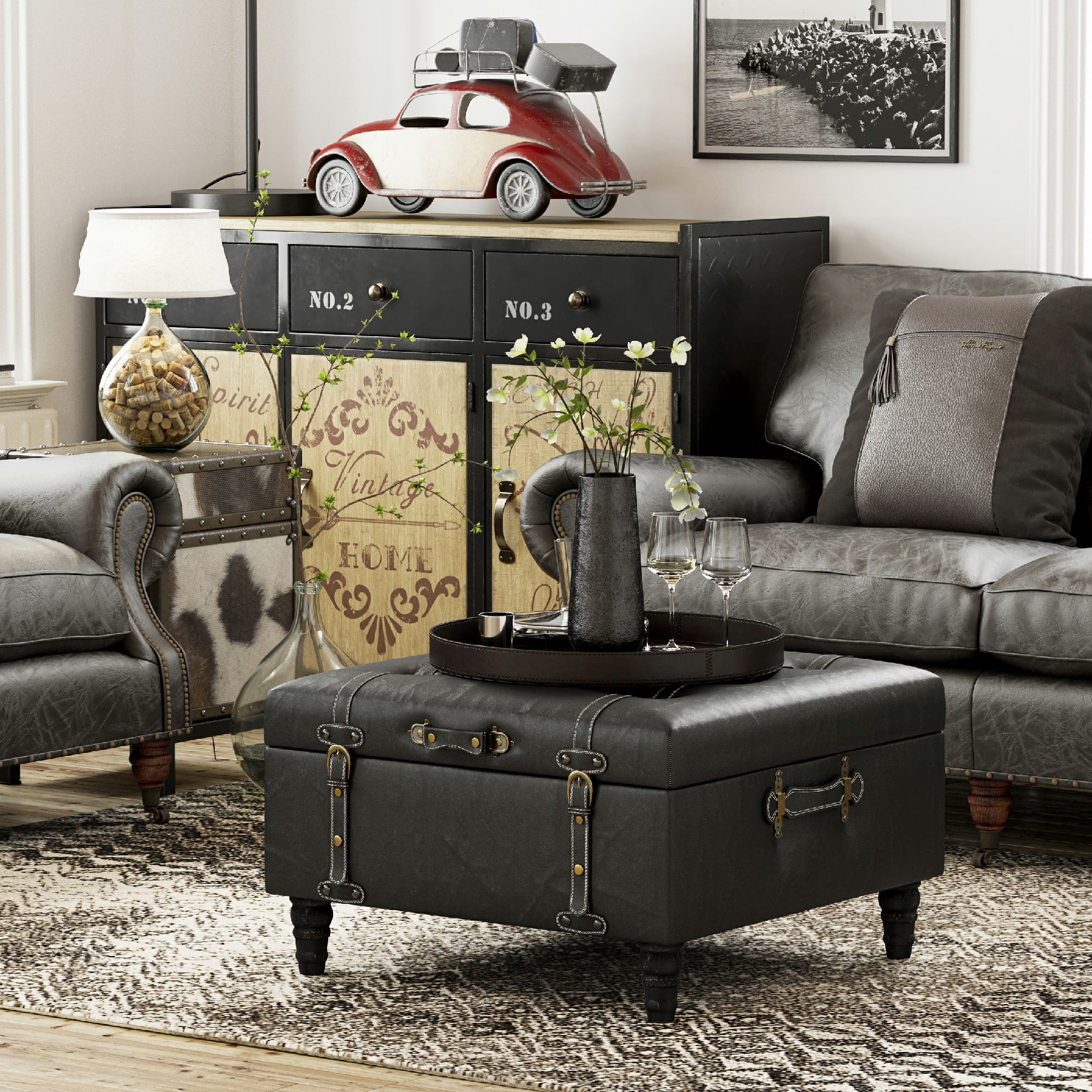COZAYH Square Storage Ottoman 28 Inch Upholstered Black Coffee Table