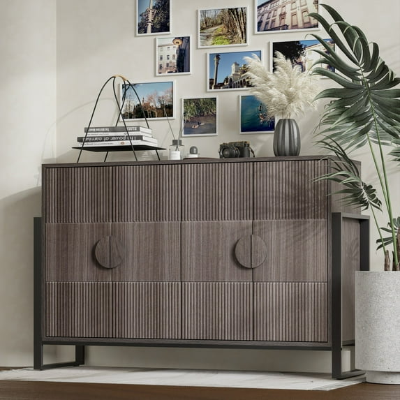 COZAYH Storage Cabinet Fluted Sideboard with 4 Doors, Modern Farmhouse Buffet Cabinet with Adjustable Shelves and Round Handles for Living Room, Bedroom, Grey