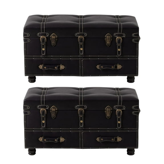 COZAYH Vintage Storage Bench, Upholstered Wooden Ottoman Bed Chest Box, Black, Set of 2