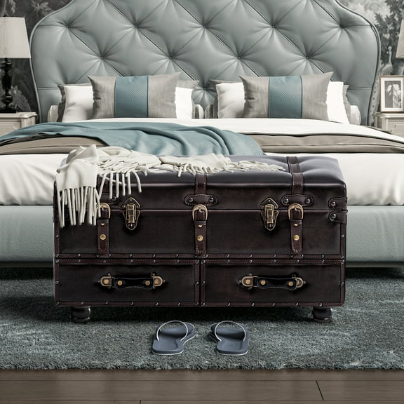 COZAYH Vintage Trunk Large Storage, Chest Cabinet with Latch Closure and Buckle for Bedroom Closet Home Organizer Decorative, Black Brown