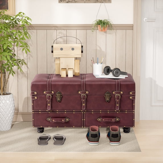 COZAYH Vintage Trunk Large Storage, Chest Cabinet with Latch Closure and Buckle for Bedroom Closet Home Organizer Decorative, Red
