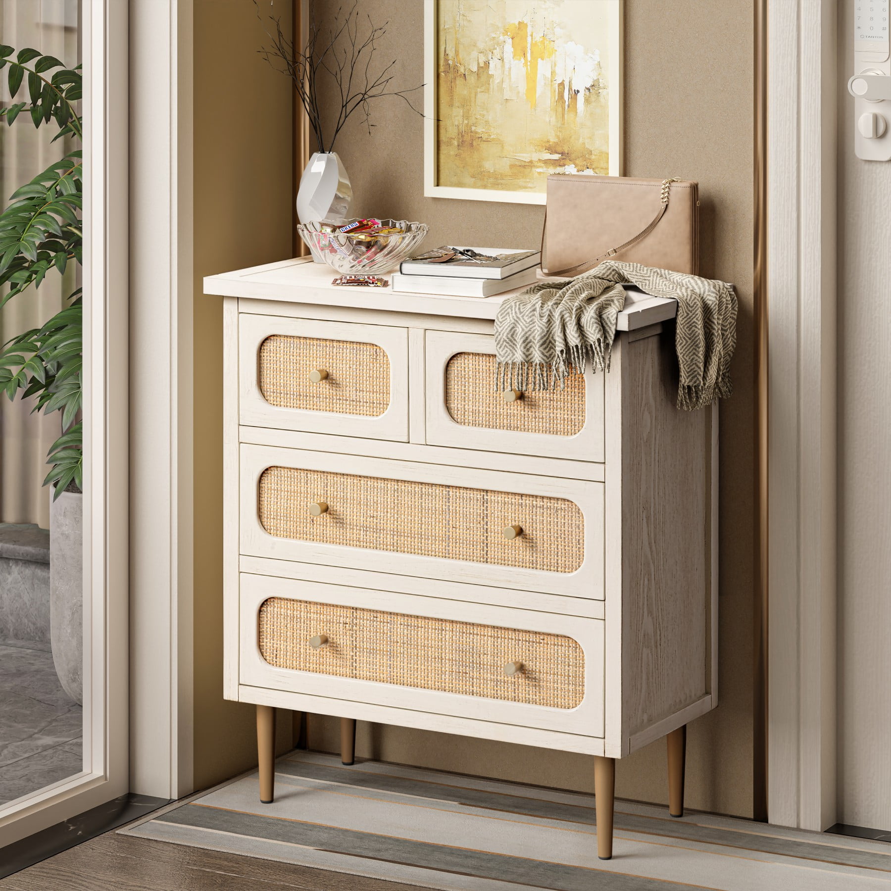 COZAYH Wicker Rattan Chest of Drawers 4 Drawer Dresser White