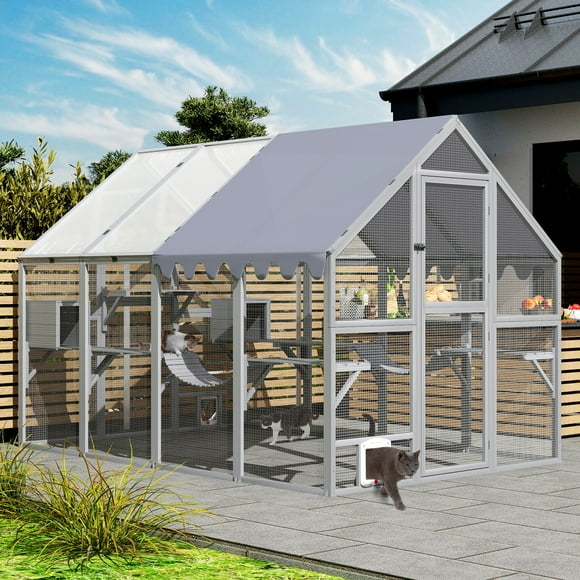 COZIWOW 108" Outdoor Large Cat Enclosure Wooden Cat Catio Outside Cat House for Multiple Pets with Window Access Jumping Platforms,Gray