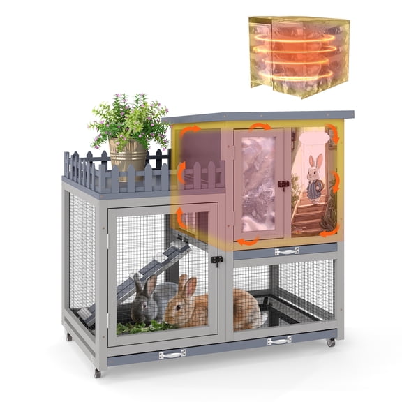 COZIWOW 2-Tier Outdoor Insulated Rabbit Hutch Wooden Small Animal Houses Habitats with Ramp