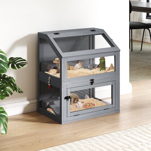 COZIWOW 2-Tiers Wood Hamster Cage with Hideouts, Ramps, Acrylic Window, Door Access for Small Animals, Gray