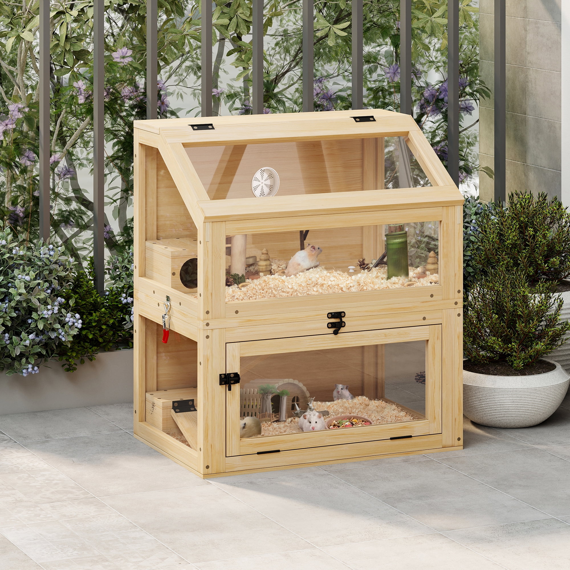 COZIWOW 2-Tiers Wood Hamster Cage with Hideouts, Ramps, Acrylic Window, Door Access for Small Animals, Natural