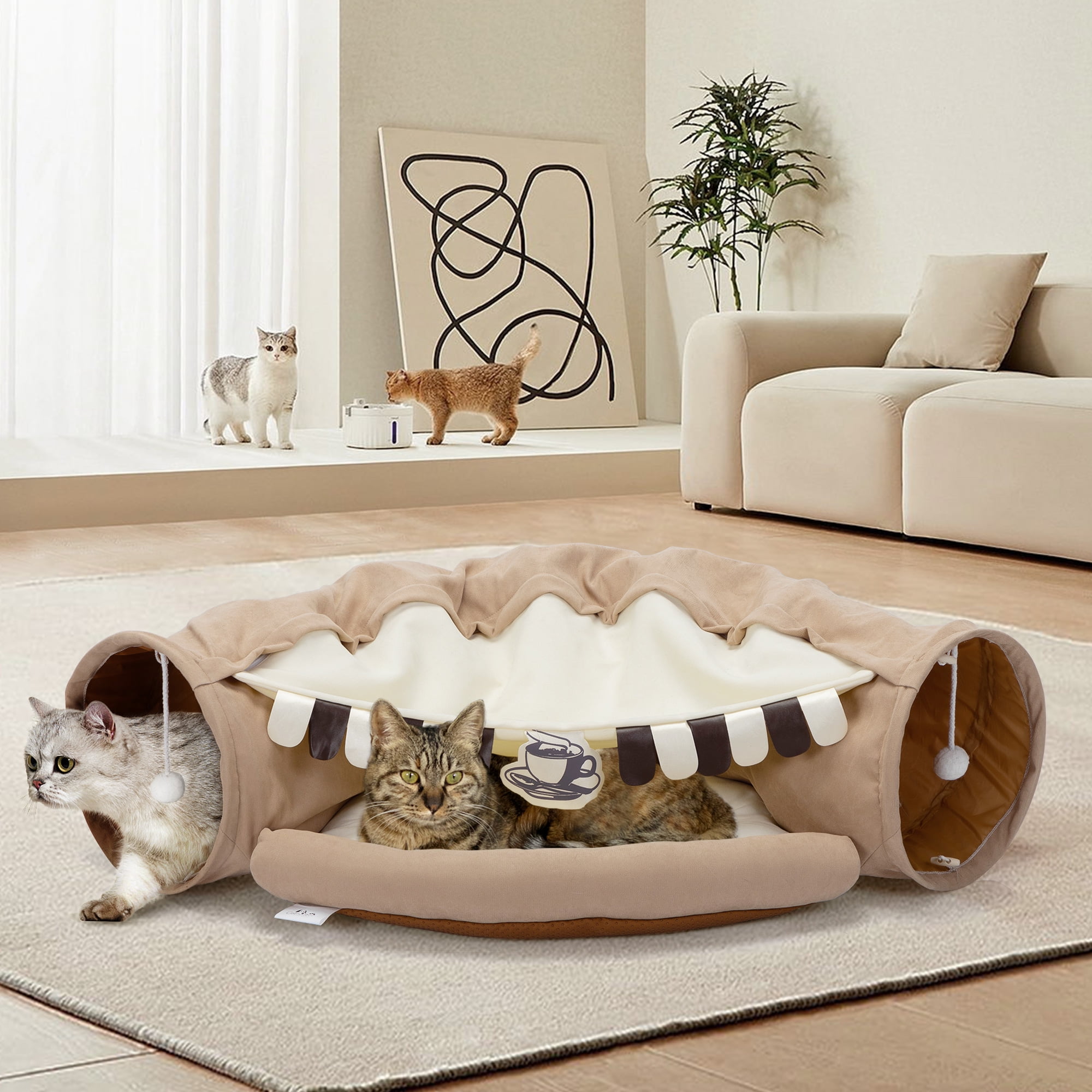 COZIWOW 2 in 1 Cat Tunnel Bed Cat Tube with Collapsible Washable Mat for Indoor Cats Coffee