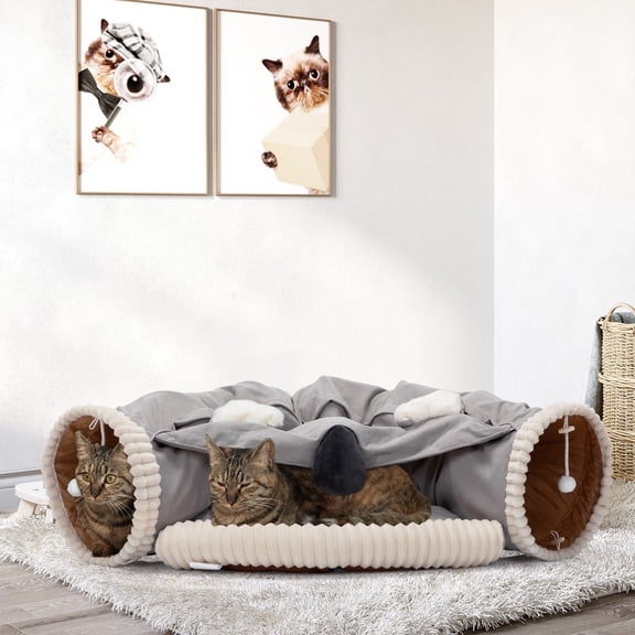 COZIWOW 2-in-1 Cat Tunnel, Collapsible Cat Play Bed with Hanging Scratching Balls and Removable Mat for Indoor Cats, Gray