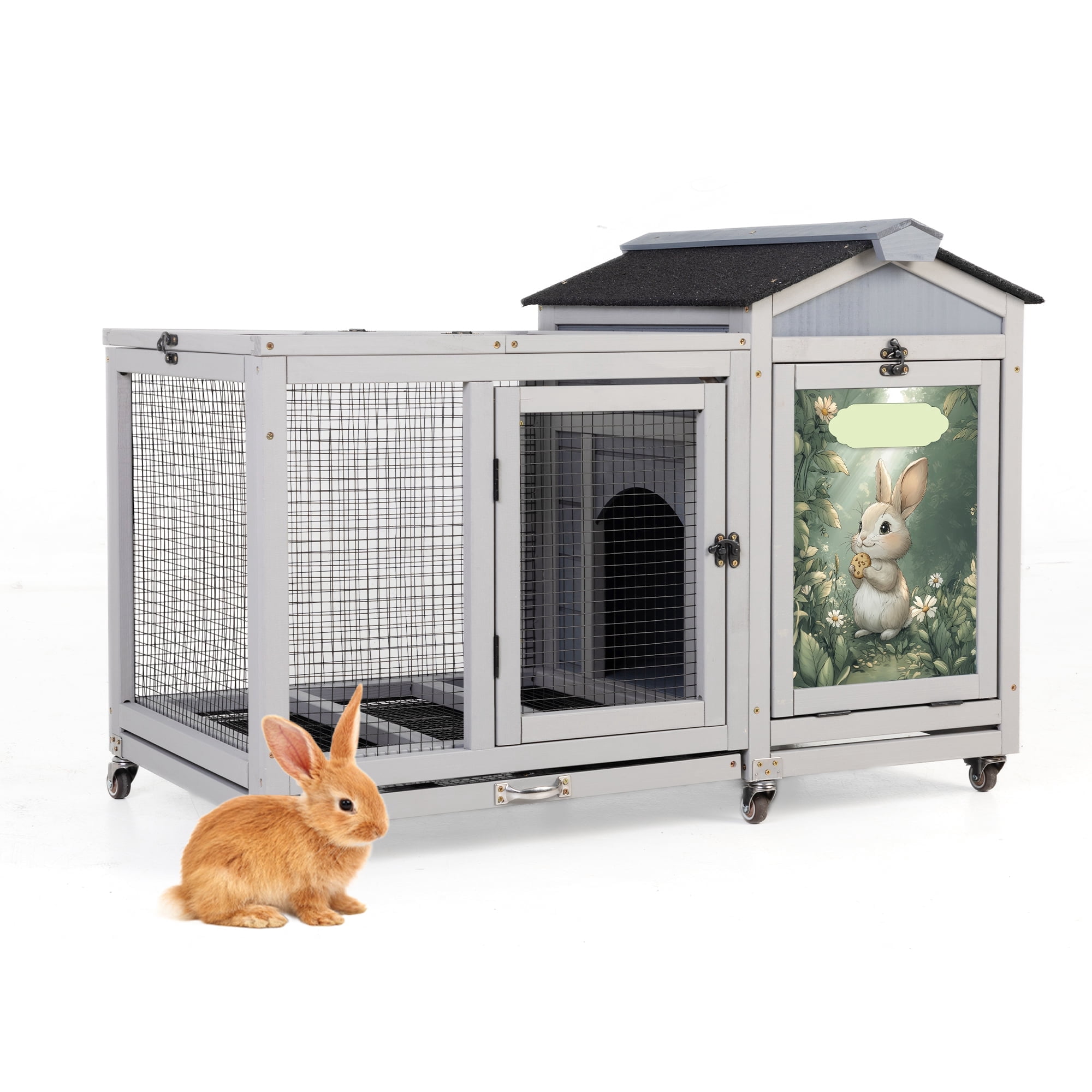 39.5inches Assembled Wood Rabbit Hutch Indoor，Wide Space Small Animal Houses Habitats with Removable Tray&Safety Lock，Bunny Cage with Waterproof Roof&Solar Panels (Grey)
