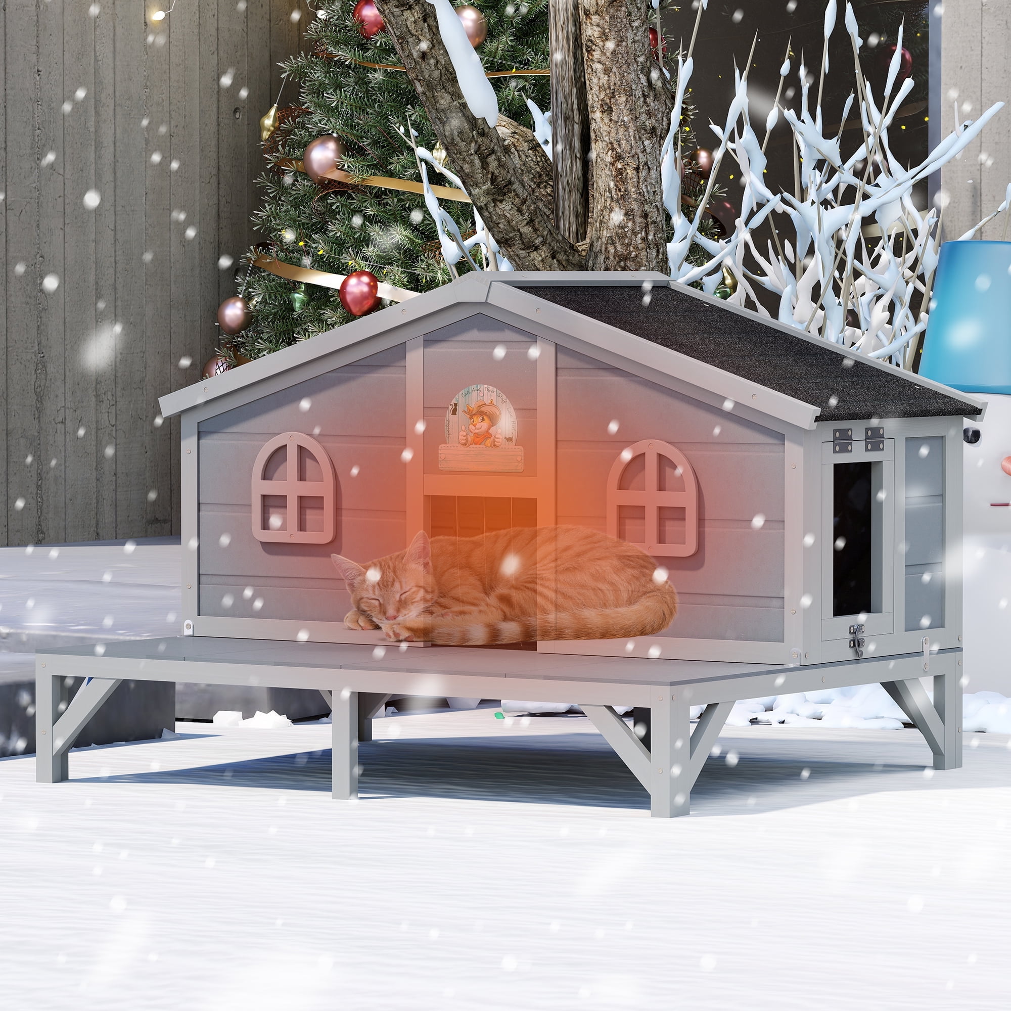 COZIWOW 43in Insulated Cat House for Outdoor Wooden Cat Shelter with Deck, Elevated, Gray