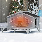 COZIWOW 43in Insulated Cat House for Outdoor Wooden Cat Shelter with Deck, Elevated, Gray