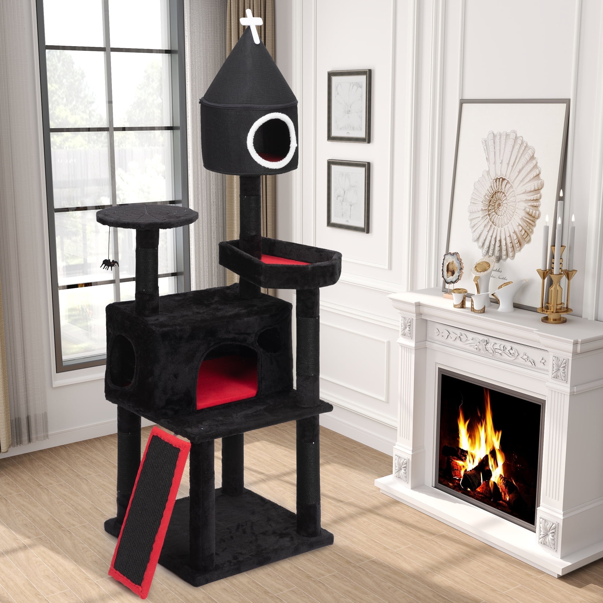 64-Inch Gothic Black and Red Cat Tree Tower with Sisal Scratching Post