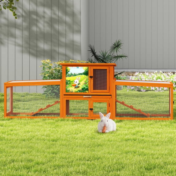 94'' Large Wood Rabbit Hutch Guinea Pig House 2-Tier Bunny Cage Chicken Coop Ramps Orange