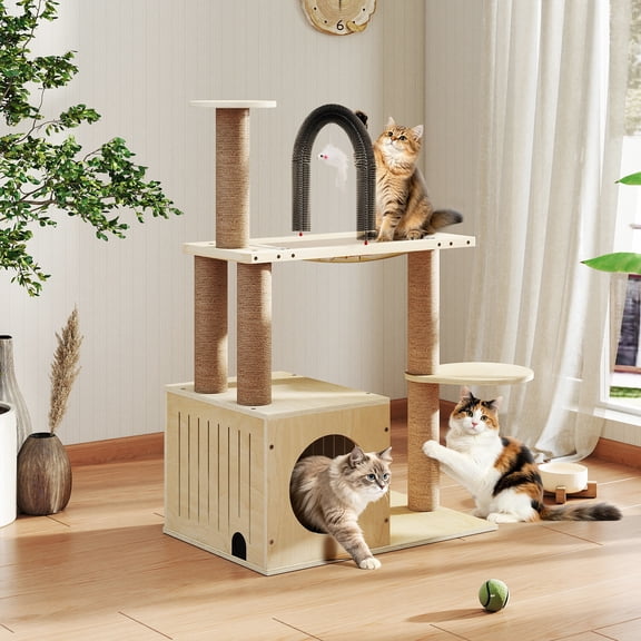 COZIWOW Cat Tree for Indoor Cats, Cat Tower with Scratching Posts, Self-Grooming Brush, Toy Balls, Sleeping Hammock and Spacious Cave, Multi-Level Cat Haven Perch