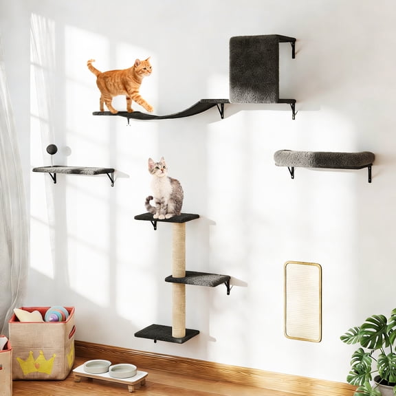 COZIWOW Wall Mounted Cat Furniture, Cat Wall Shelves and Perches, Floating Cat Shelves for Wall Set of 5, Grey