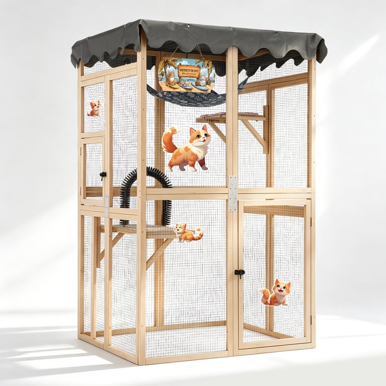 Coziwow Wooden Outdoor Cat Catio, Window Access, Indoor Cat House