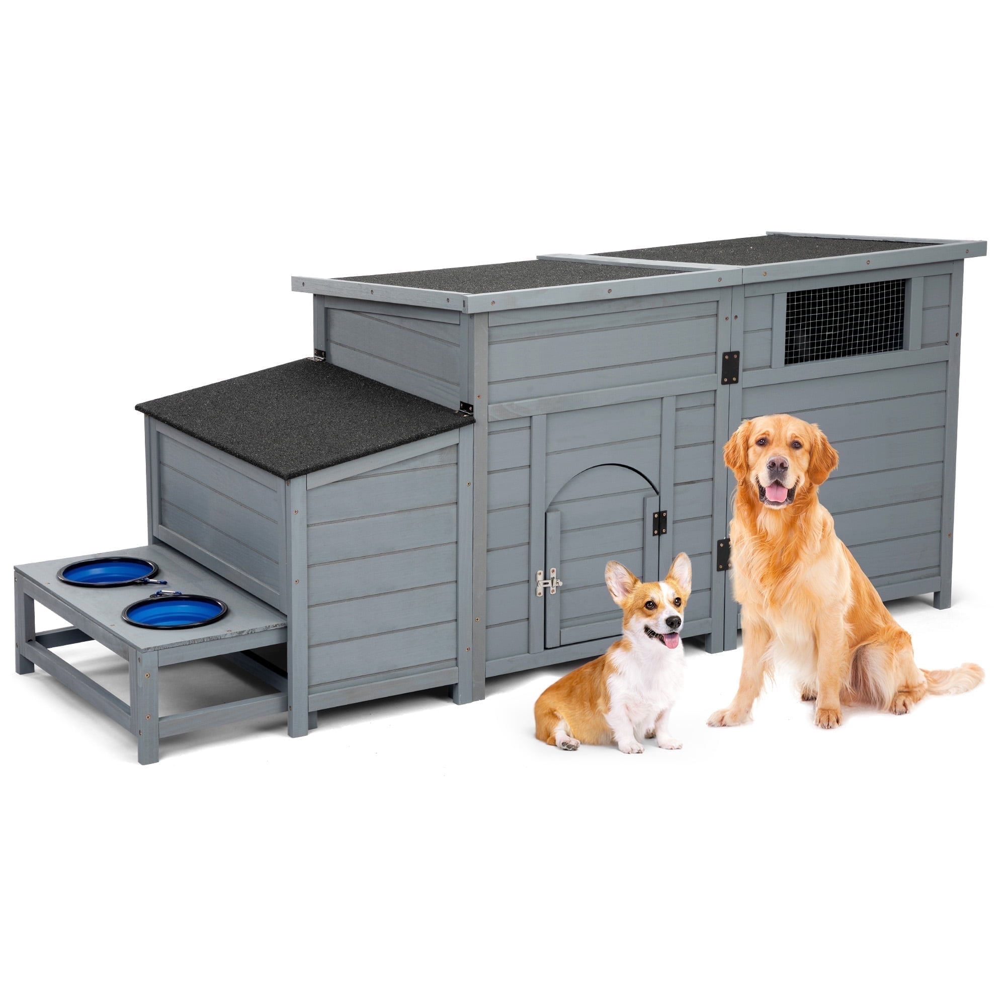 Large Gray Pinewood Outdoor Dog House with Feeding Bowls