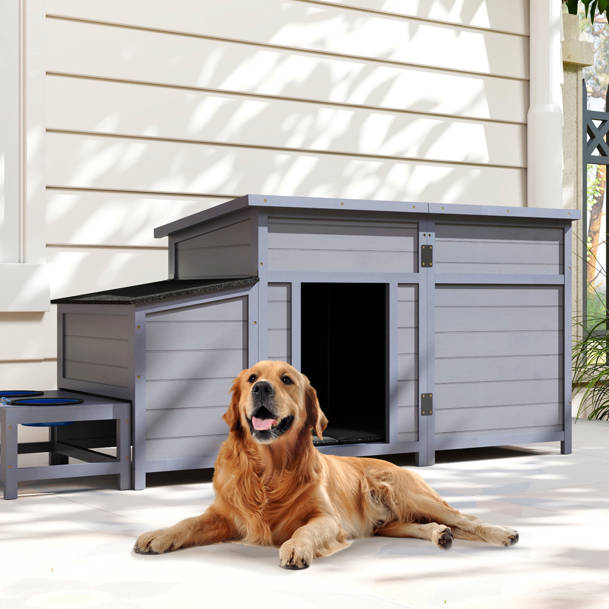 COZIWOW Dog House Outdoor Wooden Dog Kennel Weatherproof with Slow Food Bowls, Storage Box, Open Roof