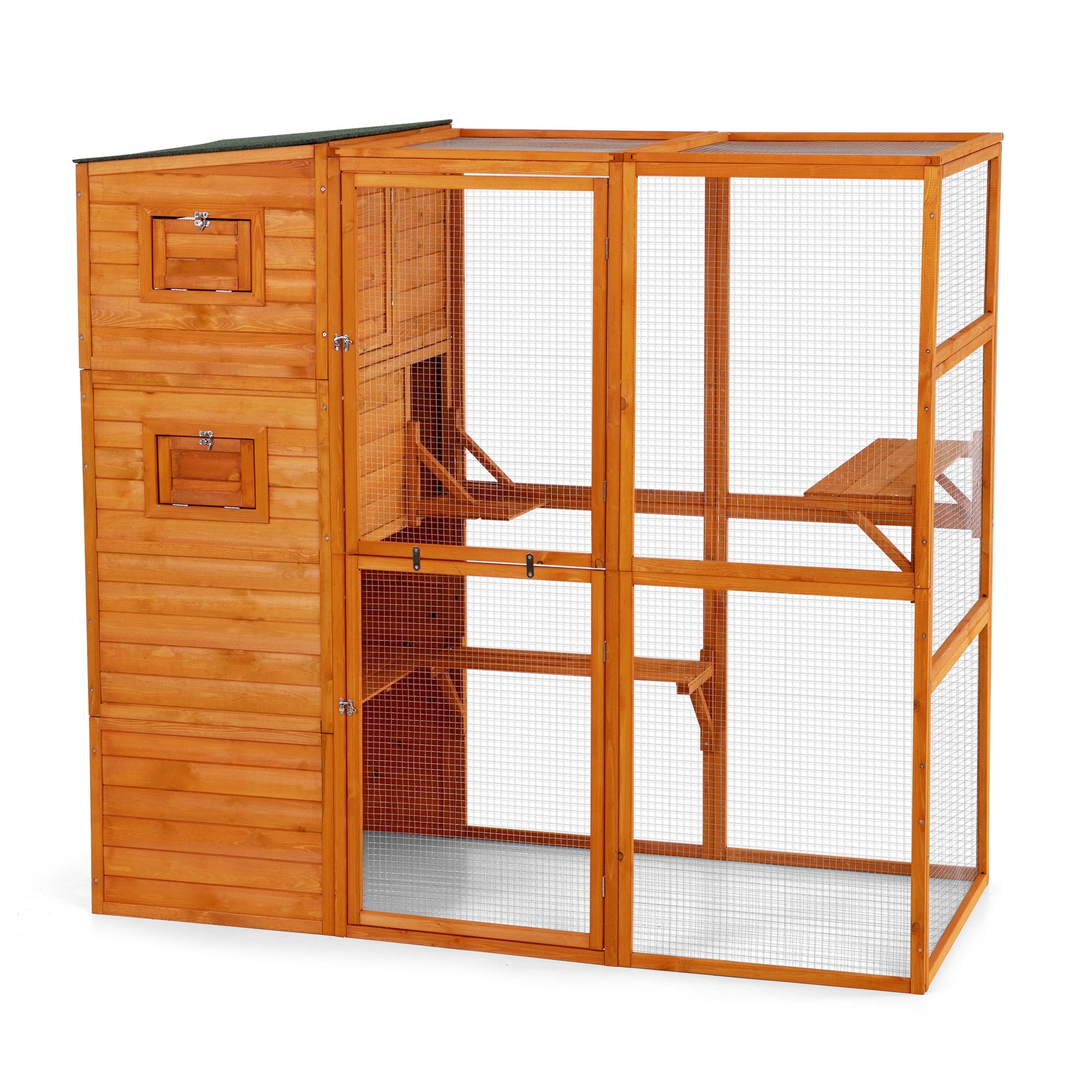 COZIWOW Wood  Cat House Catio Outdoor Enclosure, 2 Resting Condos, 2 Platforms, 4-Tier Cat Play Cage, Orange