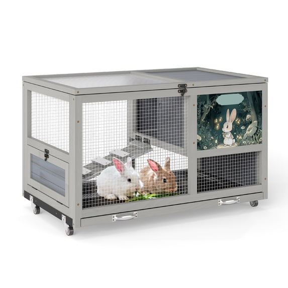 Fashion Wooden 36Inches Rabbit Hutch Outdoor with wheels Bunny Cage Indoor&Pull Out Tray, Openable Roof