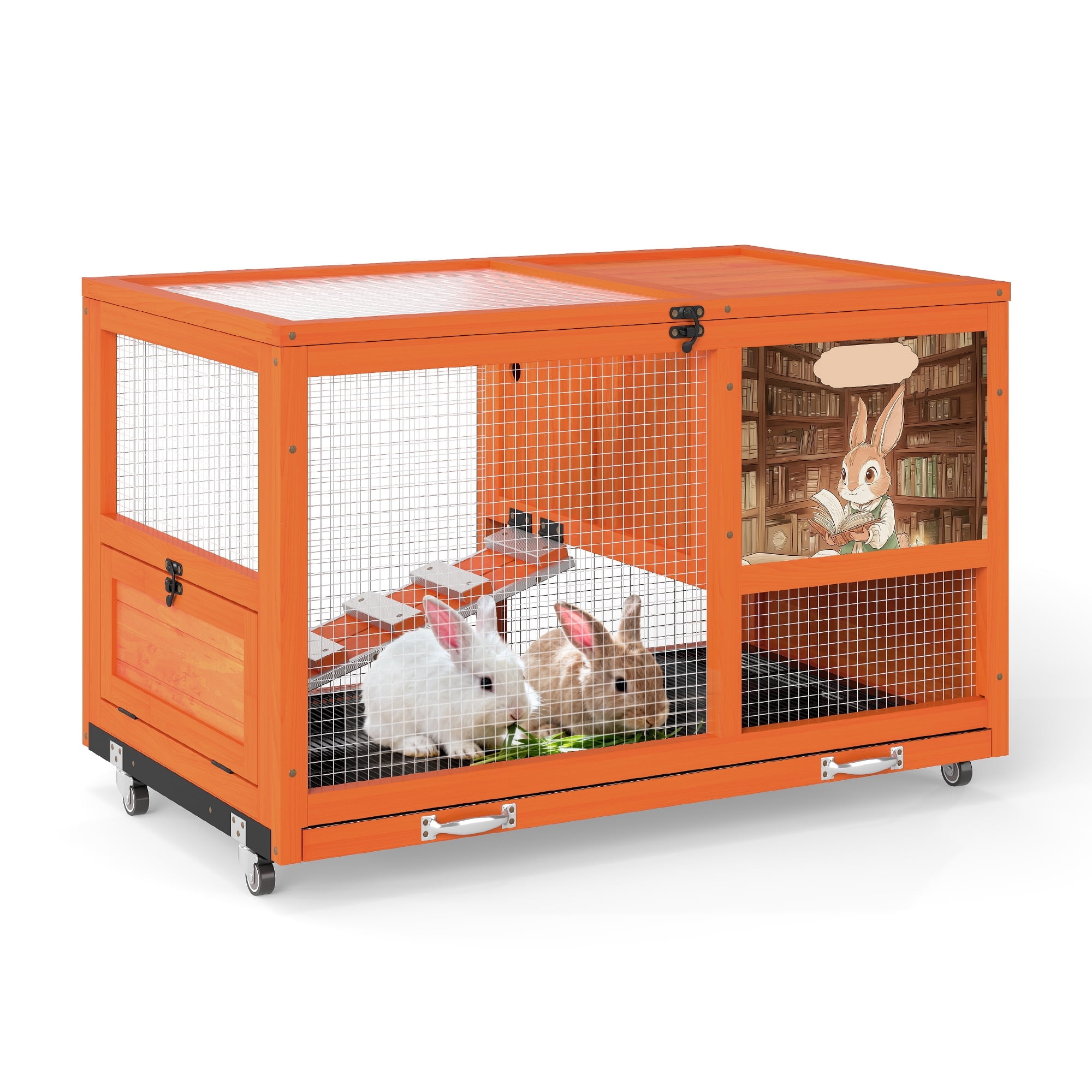 Fashion Wooden 36Inches Rabbit Hutch Outdoor with wheels Bunny Cage Indoor&Pull Out Tray, Openable Roof