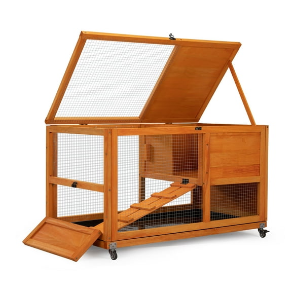 COZIWOW Fashion Wooden 36Inches Rabbit Hutch Outdoor with wheels Bunny Cage Indoor&Pull Out Tray, Openable Roof